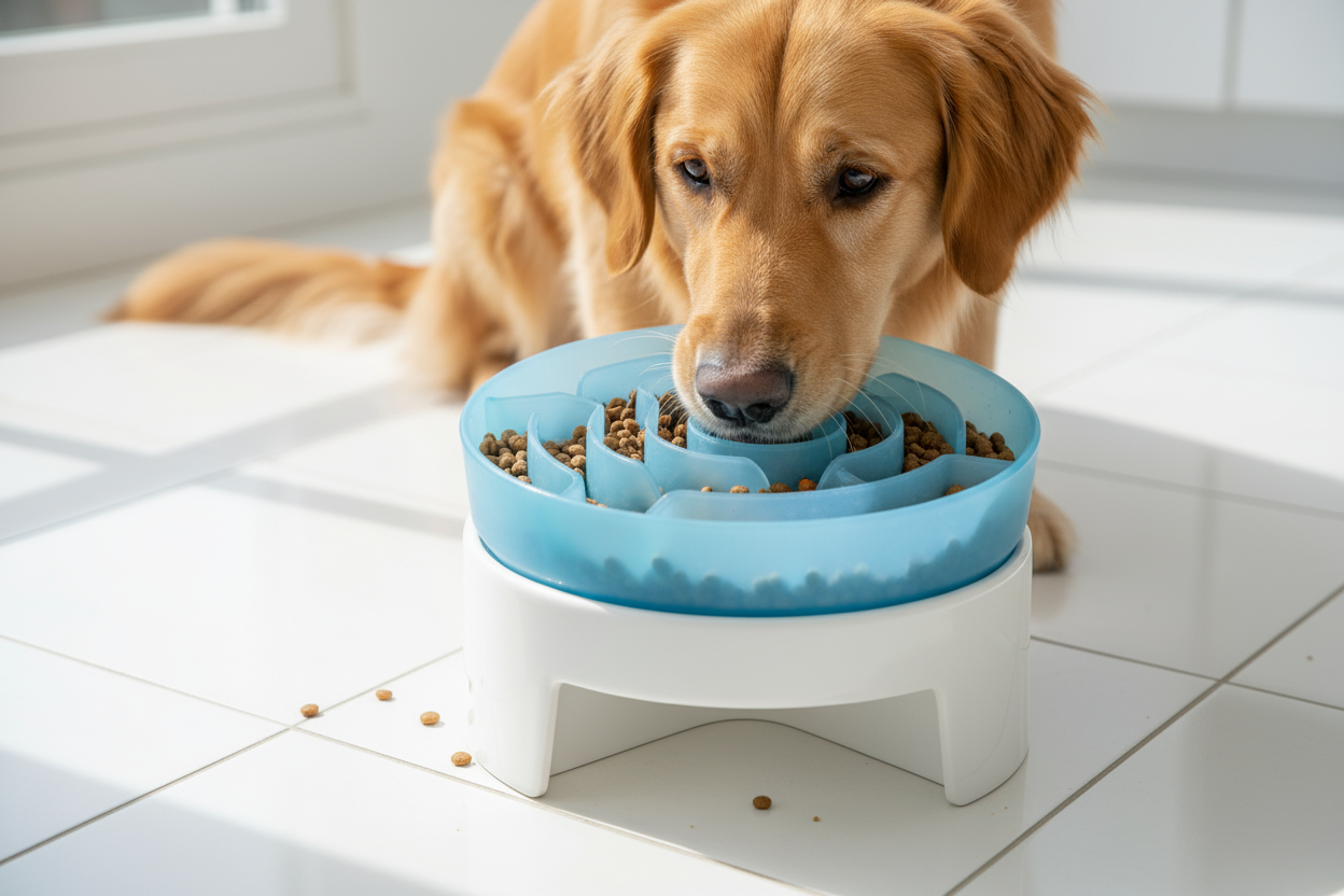 Dog with slow feeding bowl
