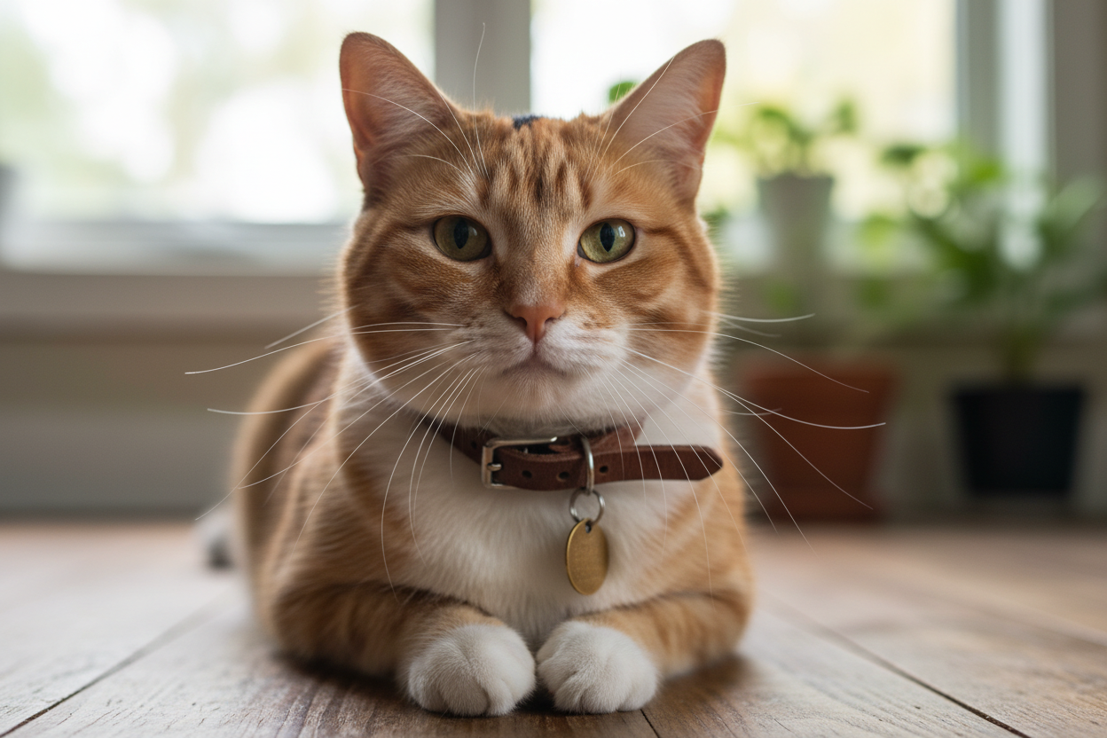 Realistic cat with collar on