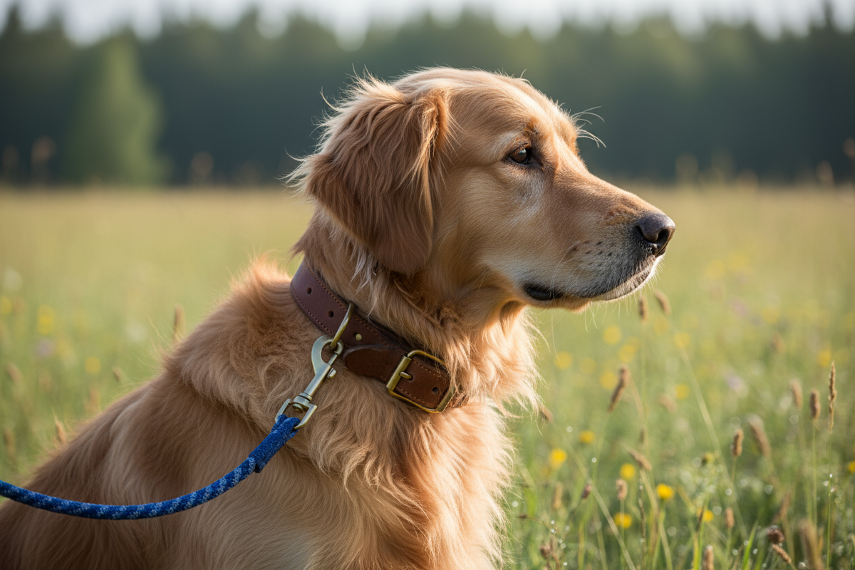 Realistic dog with collar and leash on